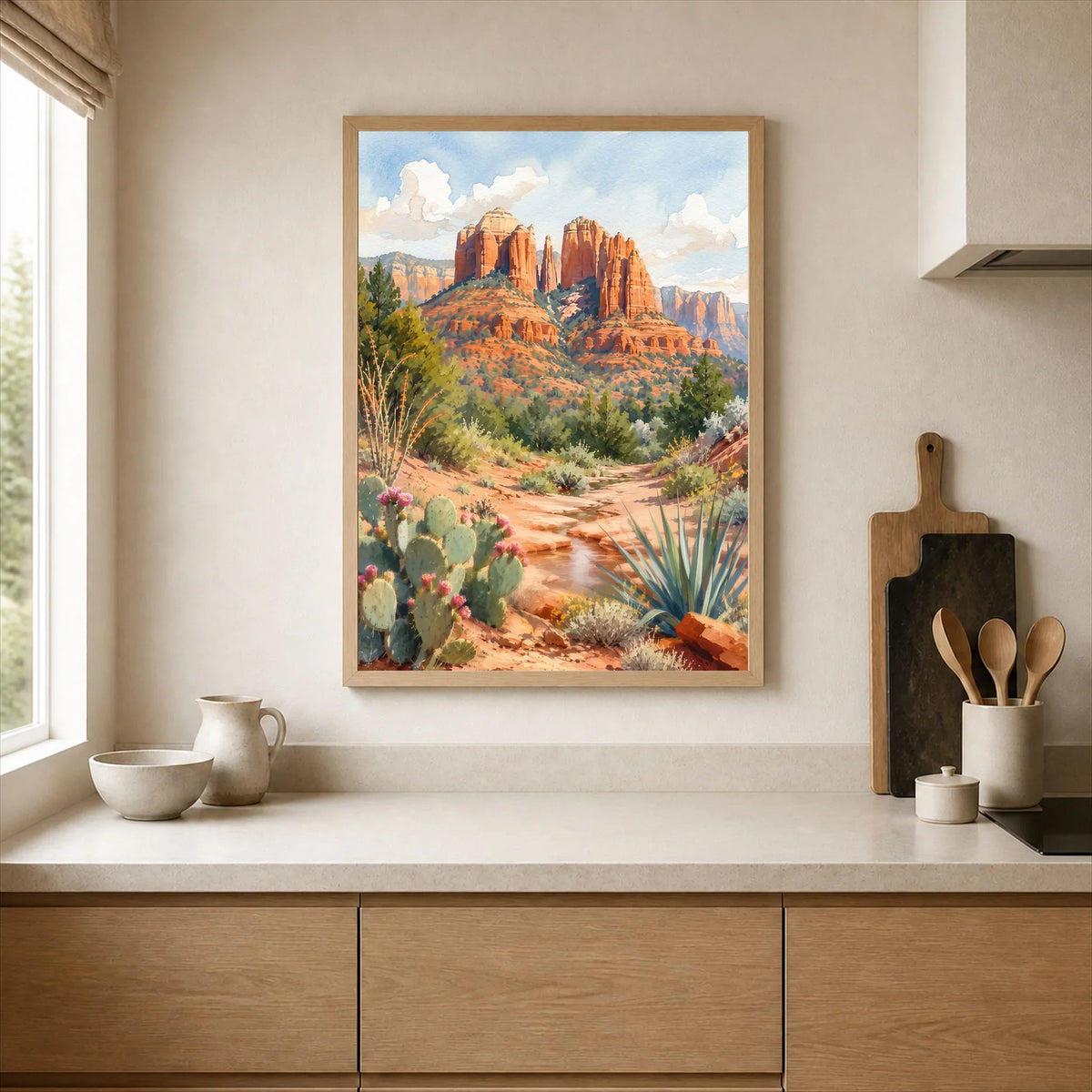 Sedona Cathedral Rock watercolour art print framed print in a kitchen