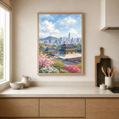Seoul Gyeongbokgung Palace and skyline watercolour art print framed print in a kitchen