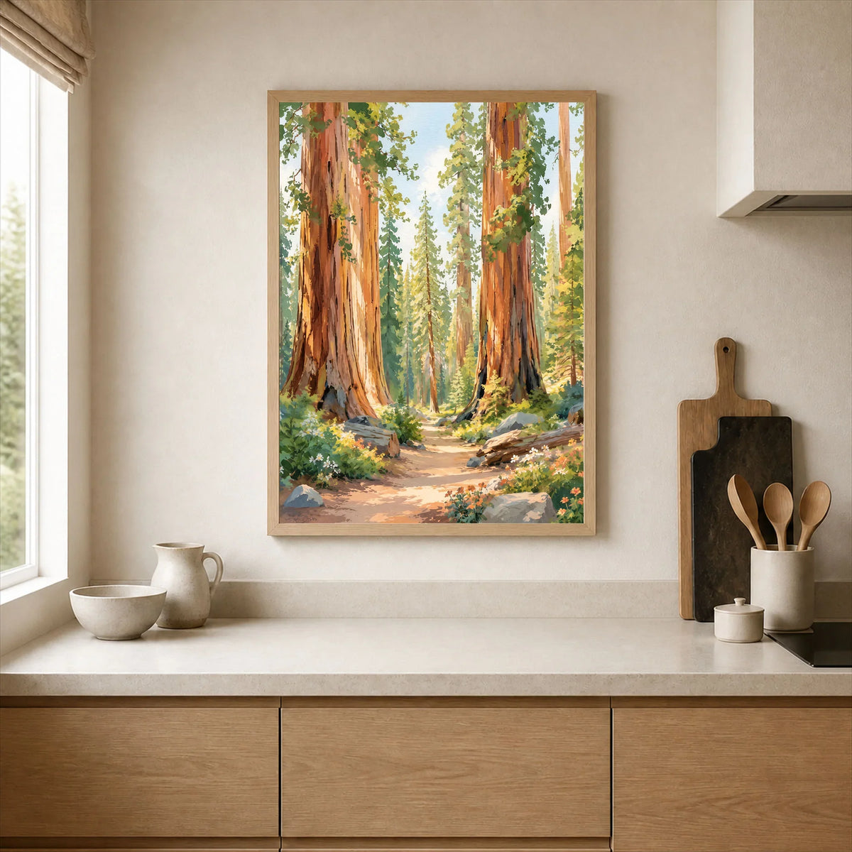Sequoia National Park giant sequoias and forest trail watercolour art print framed print in a kitchen