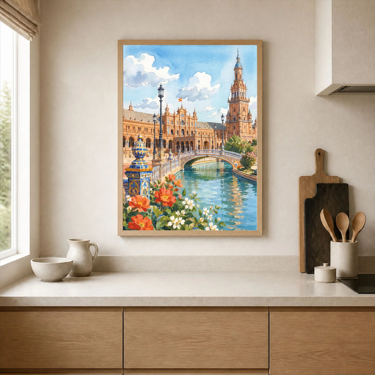 Seville Plaza de España watercolour art print framed print in a kitchen