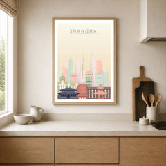 Shanghai city skyline art print, framed print in a kitchen