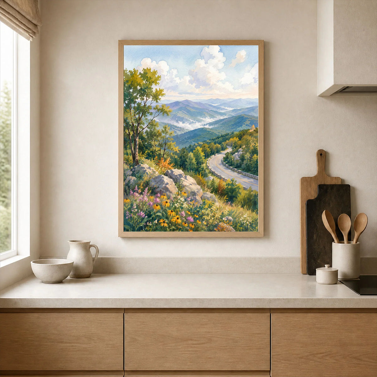 Shenandoah National Park Skyline Drive and Blue Ridge watercolour art print framed print in a kitchen