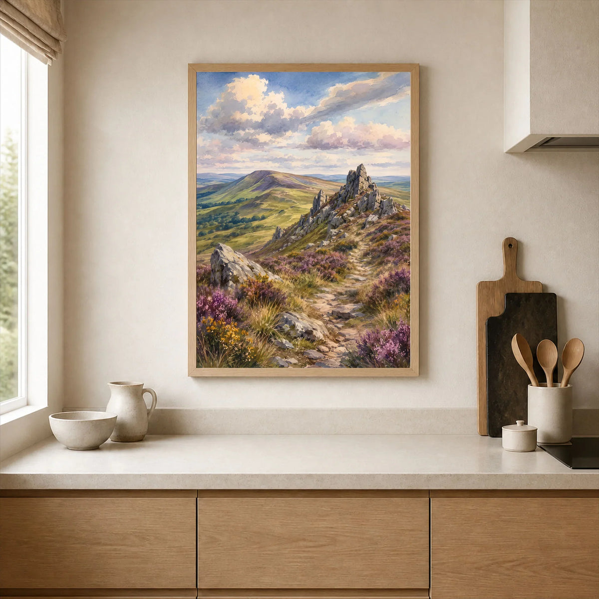 Shropshire Hills Stiperstones rocky ridge watercolour art print framed print in a kitchen