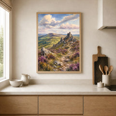 Shropshire Hills Stiperstones rocky ridge watercolour art print framed print in a kitchen
