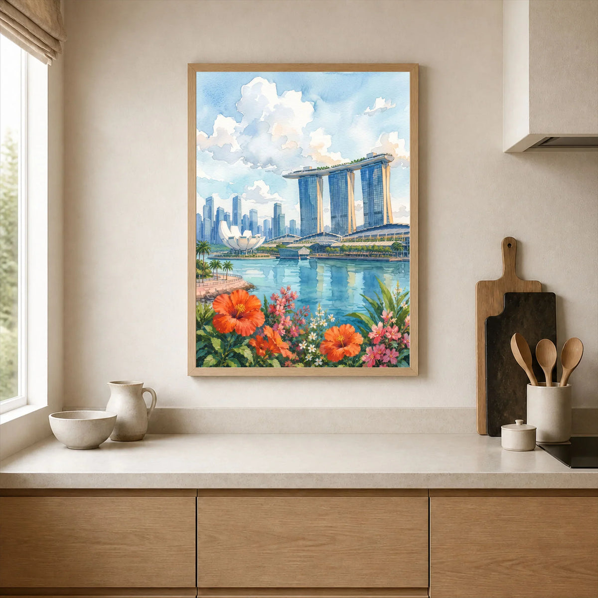 Singapore Marina Bay Sands skyline watercolour art print framed print in a kitchen