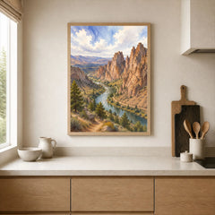 Smith Rock State Park Crooked River below the rock spires watercolour art print framed print in a kitchen