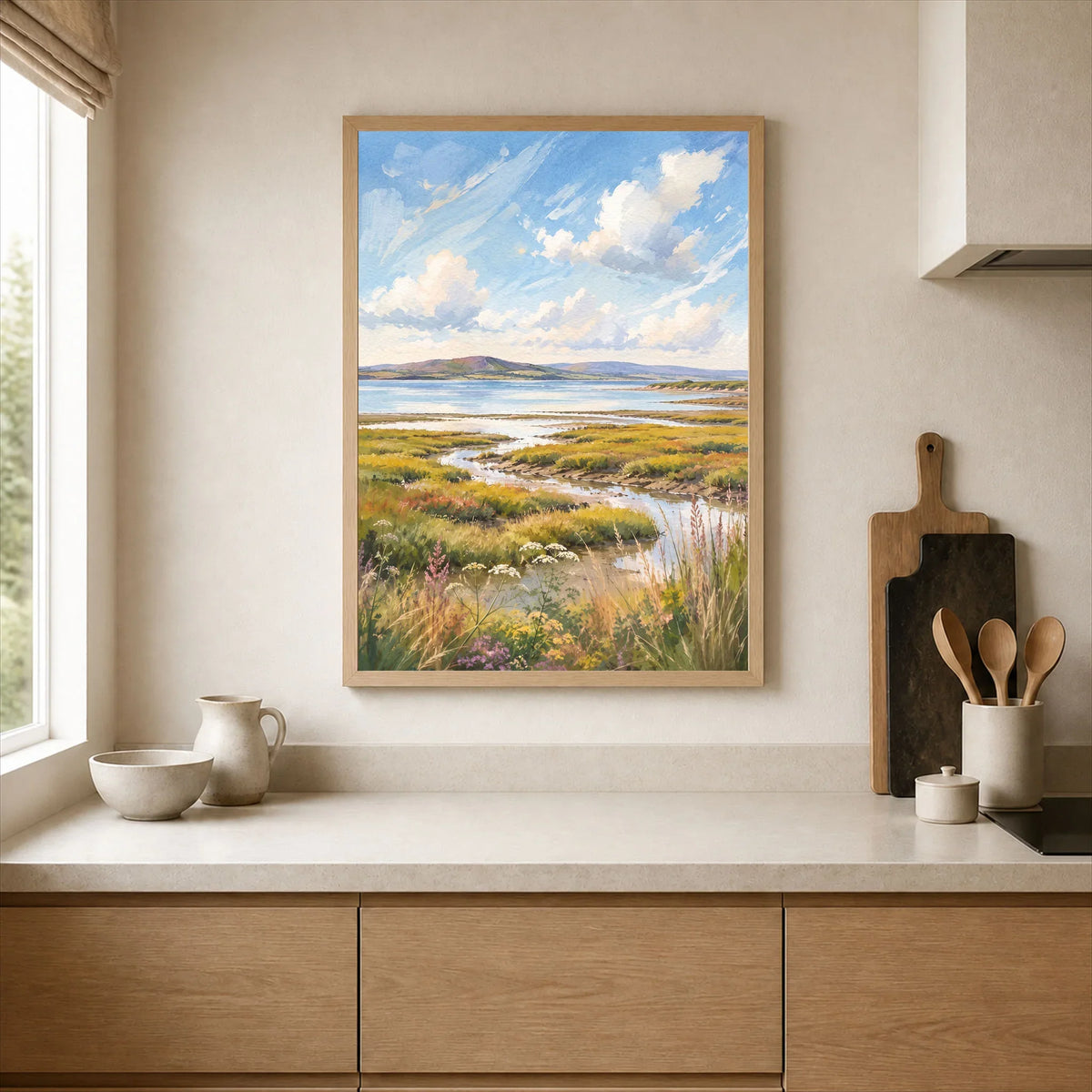 Solway Coast salt marsh estuary watercolour art print framed print in a kitchen