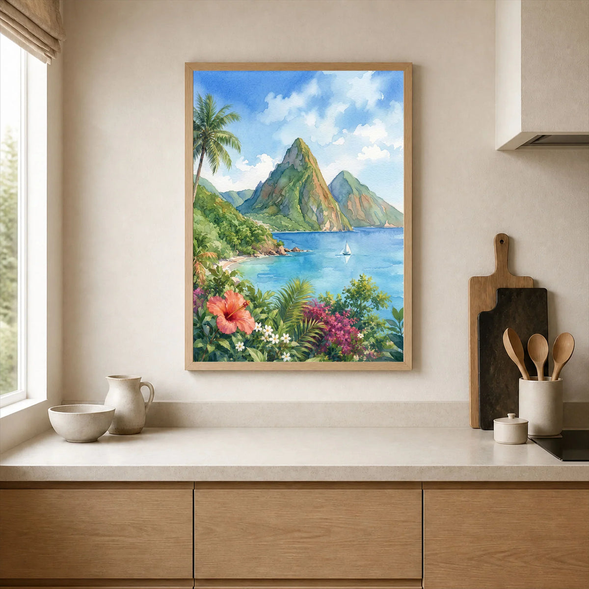 St Lucia the Pitons and bay watercolour art print framed print in a kitchen