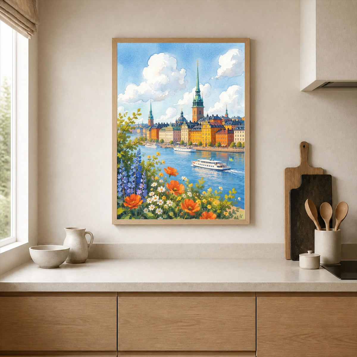 Stockholm Gamla Stan waterfront watercolour art print framed print in a kitchen