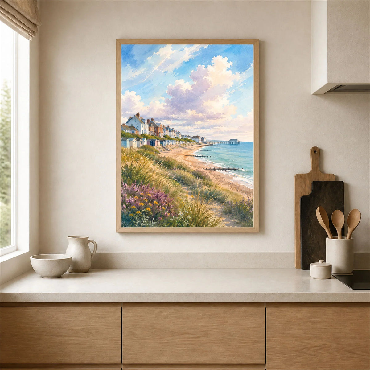 Suffolk Coast Southwold pier and beach huts watercolour art print framed print in a kitchen
