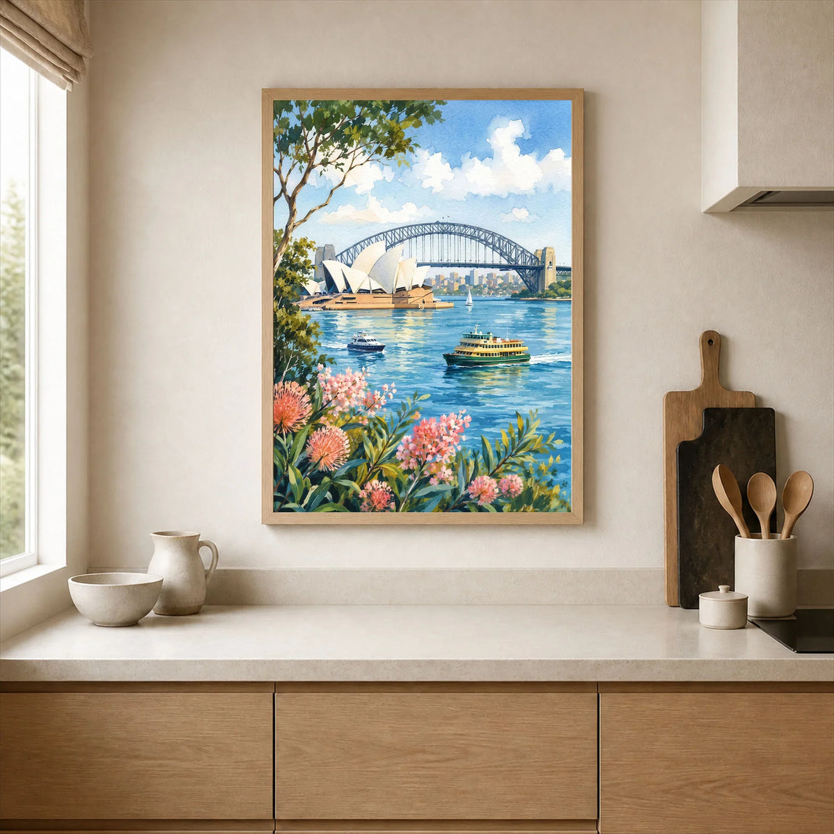 Sydney Opera House and Harbour Bridge watercolour art print framed print in a kitchen