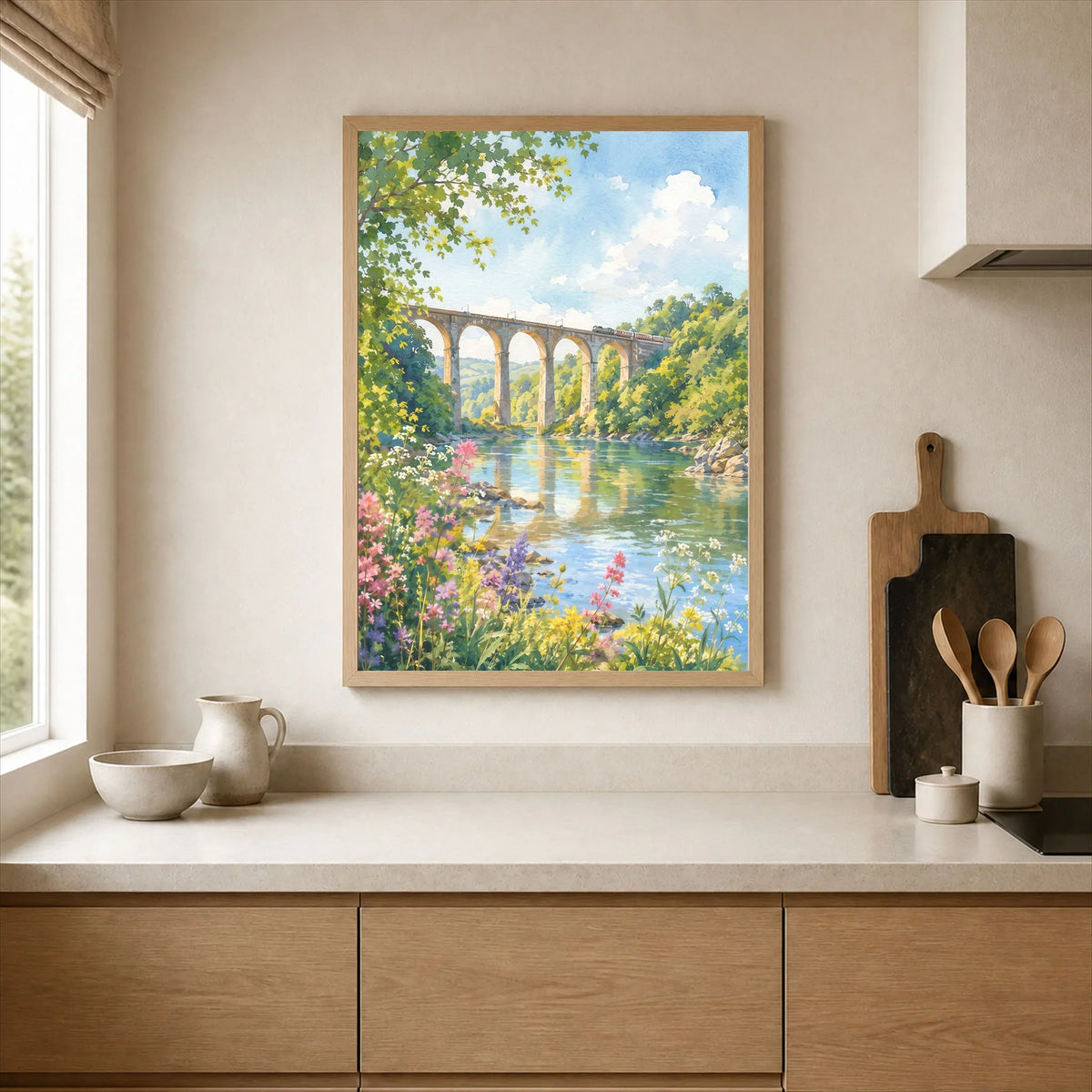 Tamar Valley Calstock Viaduct over the river watercolour art print framed print in a kitchen