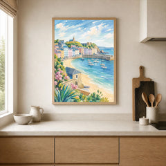 Tenby pastel harbour houses and beach watercolour art print framed print in a kitchen
