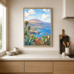 Tenerife Mount Teide and coast watercolour art print framed print in a kitchen