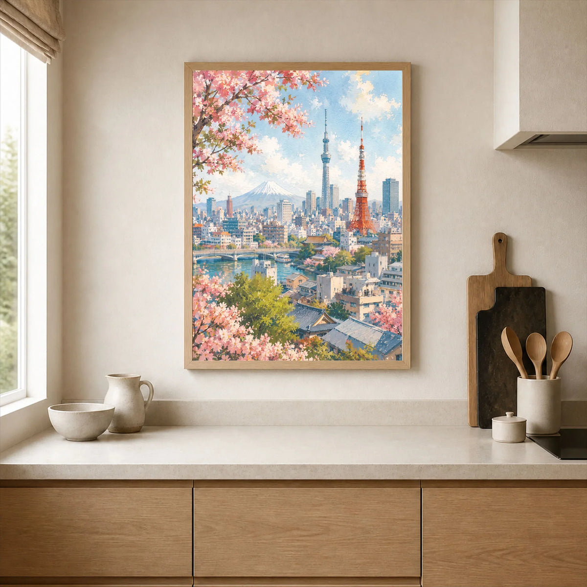 Tokyo Tokyo Tower, Skytree and Mount Fuji watercolour art print framed print in a kitchen