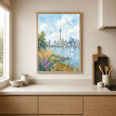 Toronto CN Tower skyline over Lake Ontario watercolour art print framed print in a kitchen