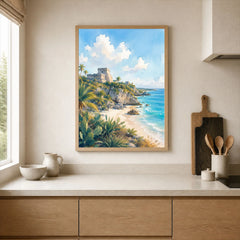 Tulum Mayan ruins above the beach watercolour art print framed print in a kitchen