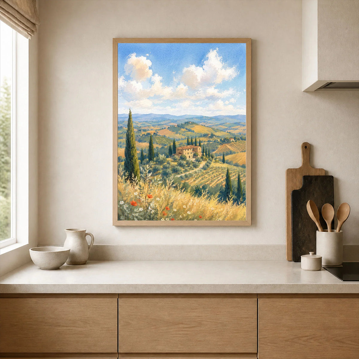 Tuscany rolling hills and cypress trees watercolour art print framed print in a kitchen