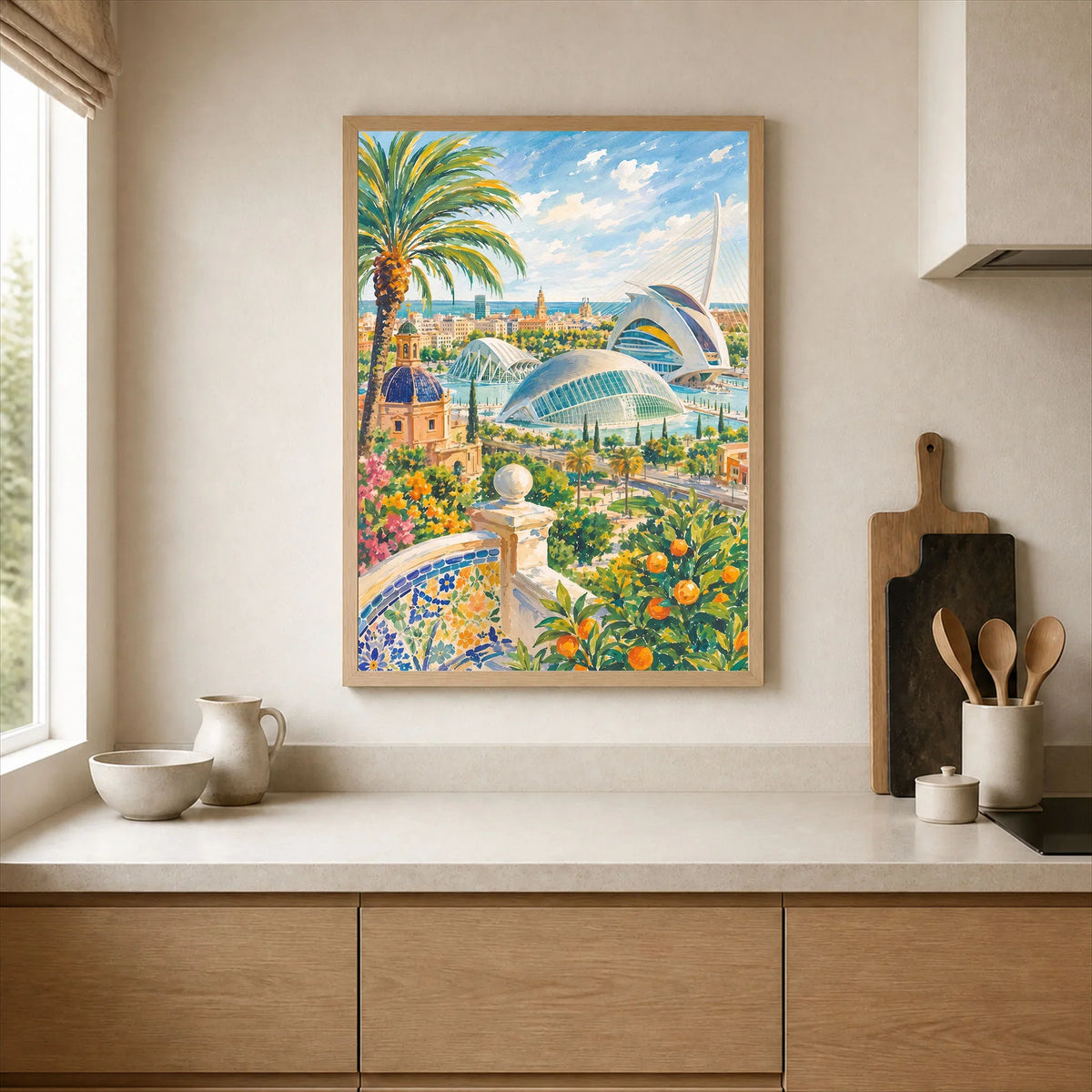 Valencia City of Arts and Sciences watercolour art print framed print in a kitchen
