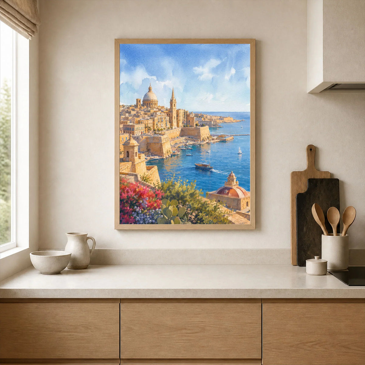 Valletta Grand Harbour and domes watercolour art print framed print in a kitchen