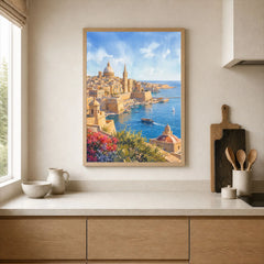 Valletta Grand Harbour and domes watercolour art print framed print in a kitchen