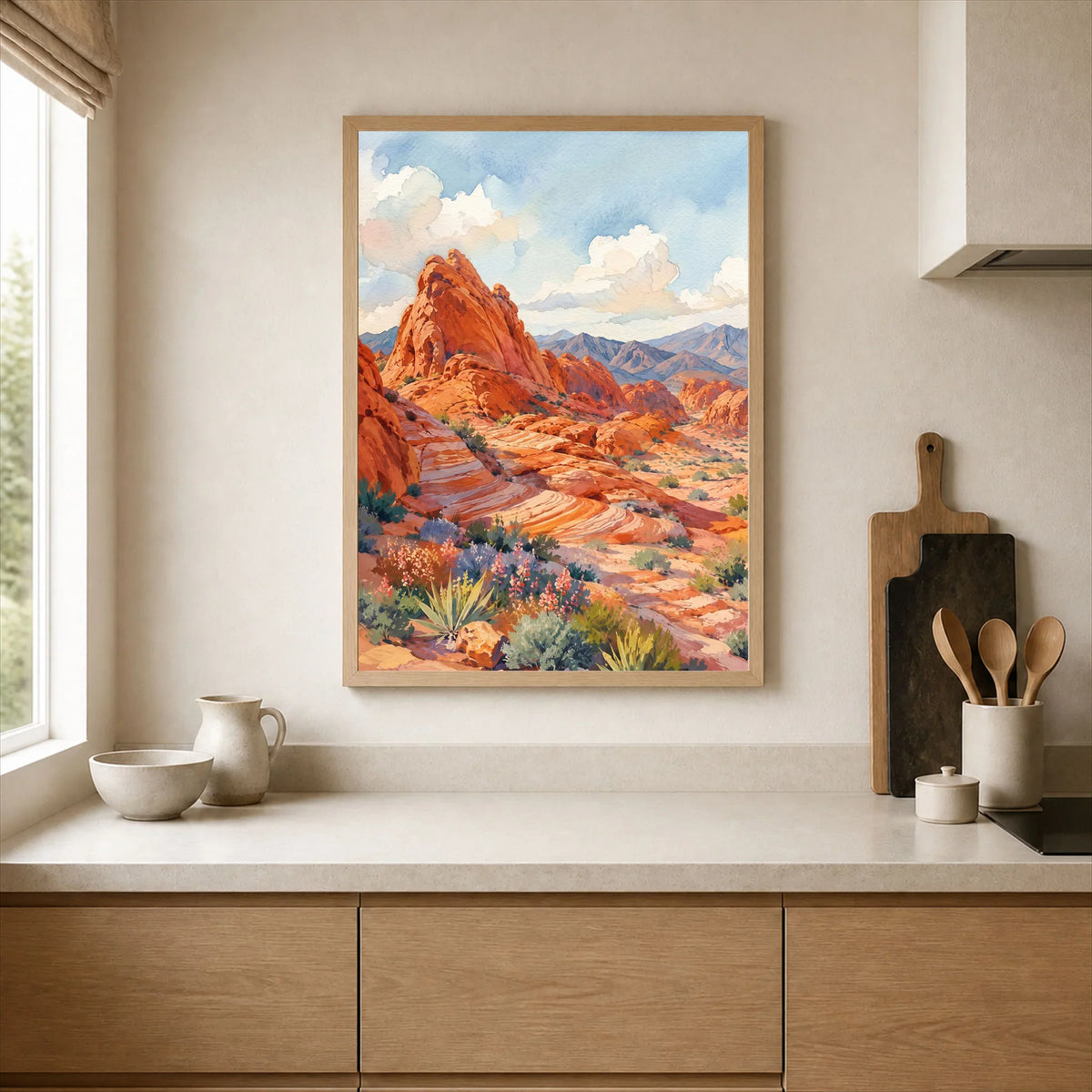 Valley of Fire State Park red sandstone waves watercolour art print framed print in a kitchen