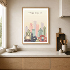 Vancouver city skyline art print, framed print in a kitchen