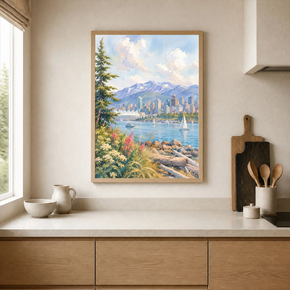 Vancouver harbour and North Shore mountains watercolour art print framed print in a kitchen
