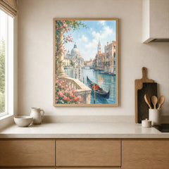 Venice Grand Canal, Salute dome and gondola watercolour art print framed print in a kitchen