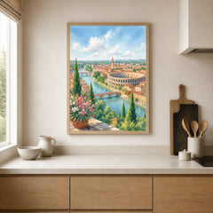 Verona Arena and Adige river watercolour art print framed print in a kitchen