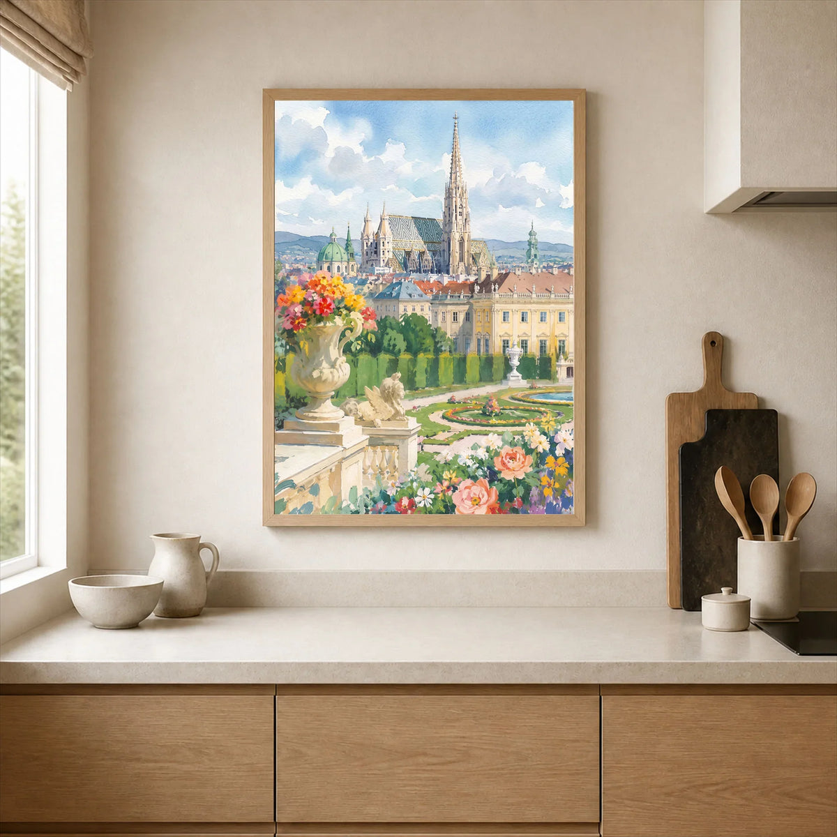 Vienna St Stephen's Cathedral and palace gardens watercolour art print framed print in a kitchen