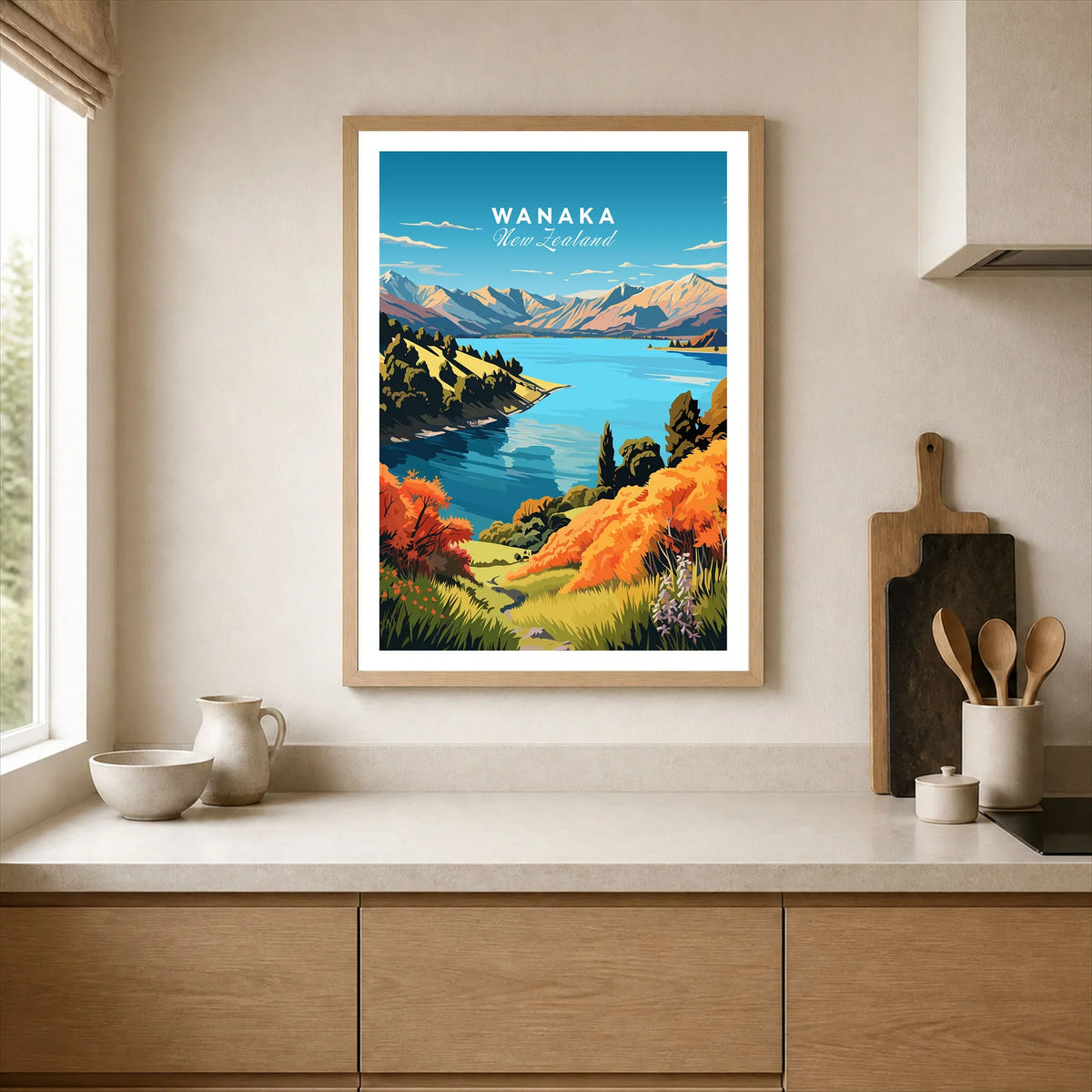 Wanaka Travel Print - framed art print in kitchen
