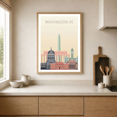 Washington DC city skyline art print, framed print in a kitchen