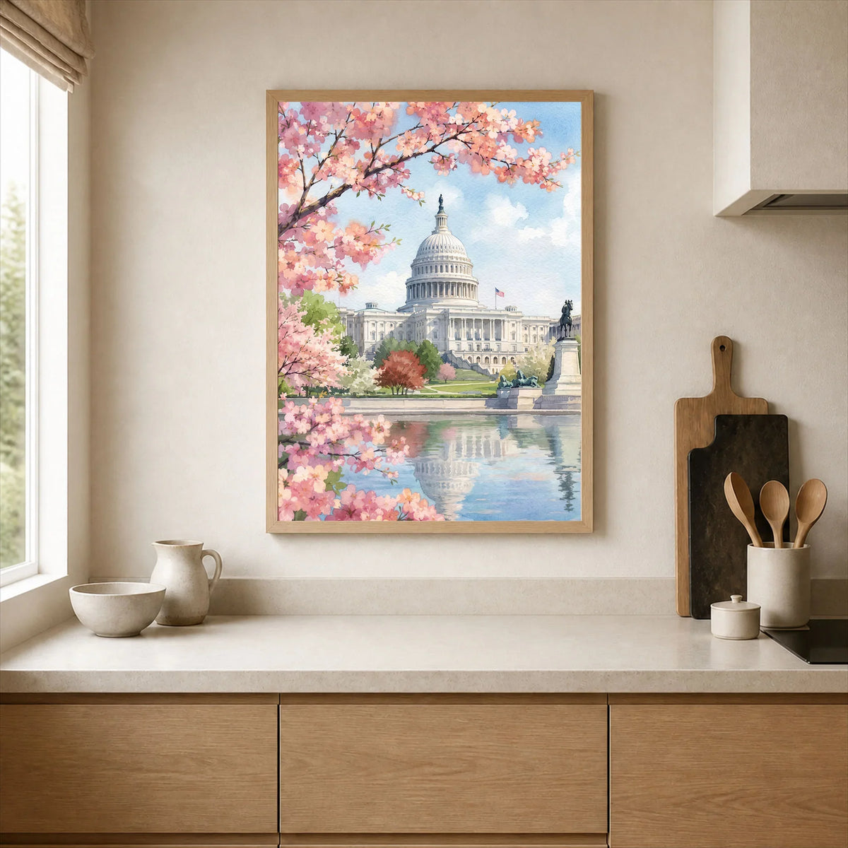 Washington DC US Capitol and cherry blossom watercolour art print framed print in a kitchen