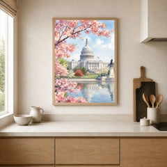 Washington DC US Capitol and cherry blossom watercolour art print framed print in a kitchen