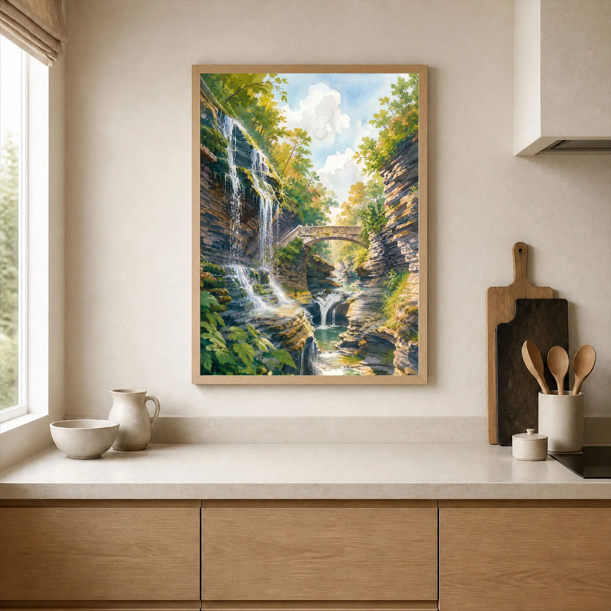 Watkins Glen State Park gorge waterfalls and stone bridge watercolour art print framed print in a kitchen