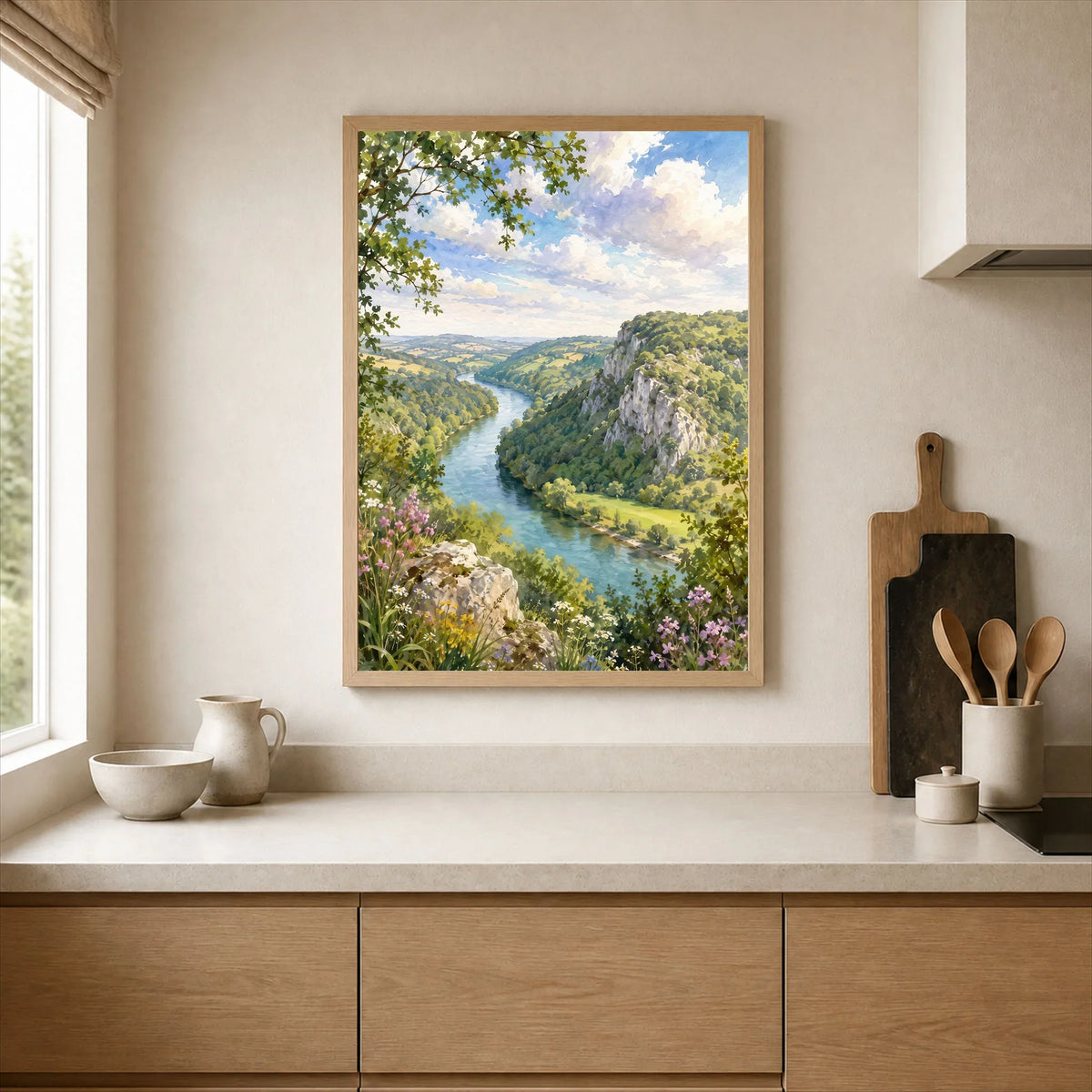 Wye Valley river and limestone cliffs watercolour art print framed print in a kitchen