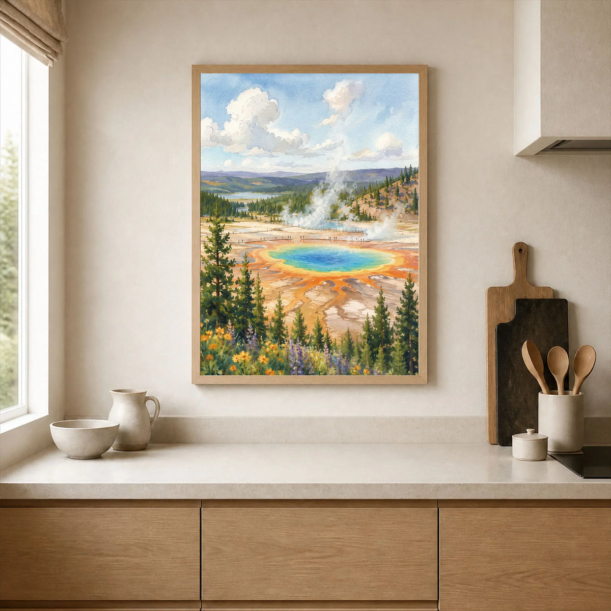 Yellowstone National Park Grand Prismatic Spring watercolour art print framed print in a kitchen