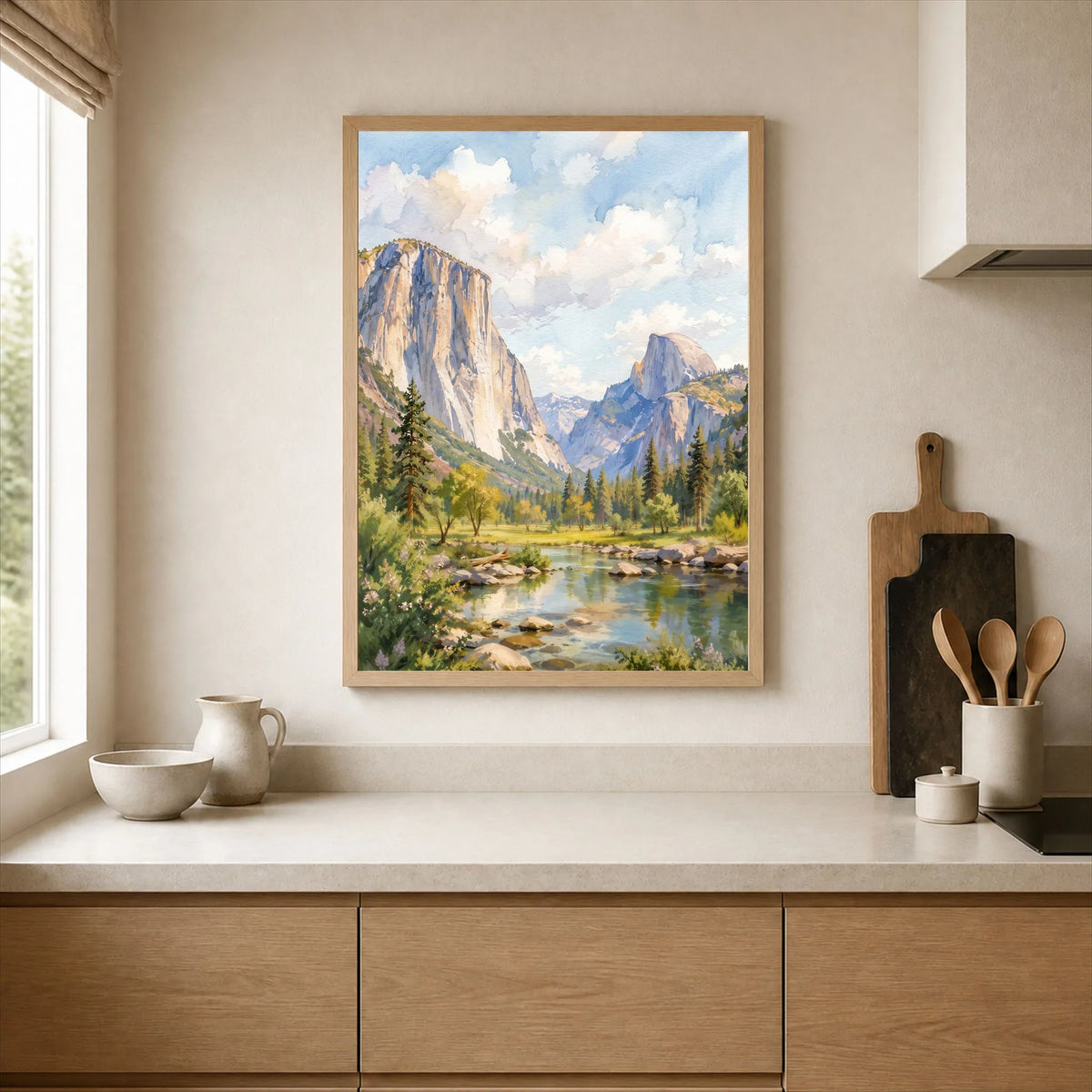Yosemite National Park El Capitan and Half Dome watercolour art print framed print in a kitchen