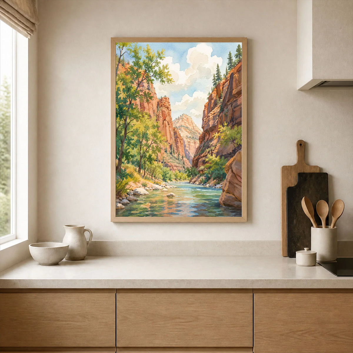 Zion National Park Virgin River canyon watercolour art print framed print in a kitchen