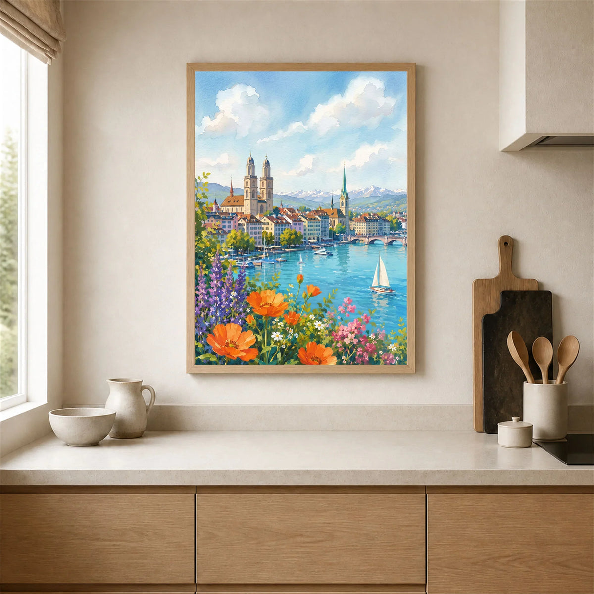 Zurich Grossmünster and the Limmat watercolour art print framed print in a kitchen