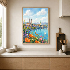 Zurich Grossmünster and the Limmat watercolour art print framed print in a kitchen