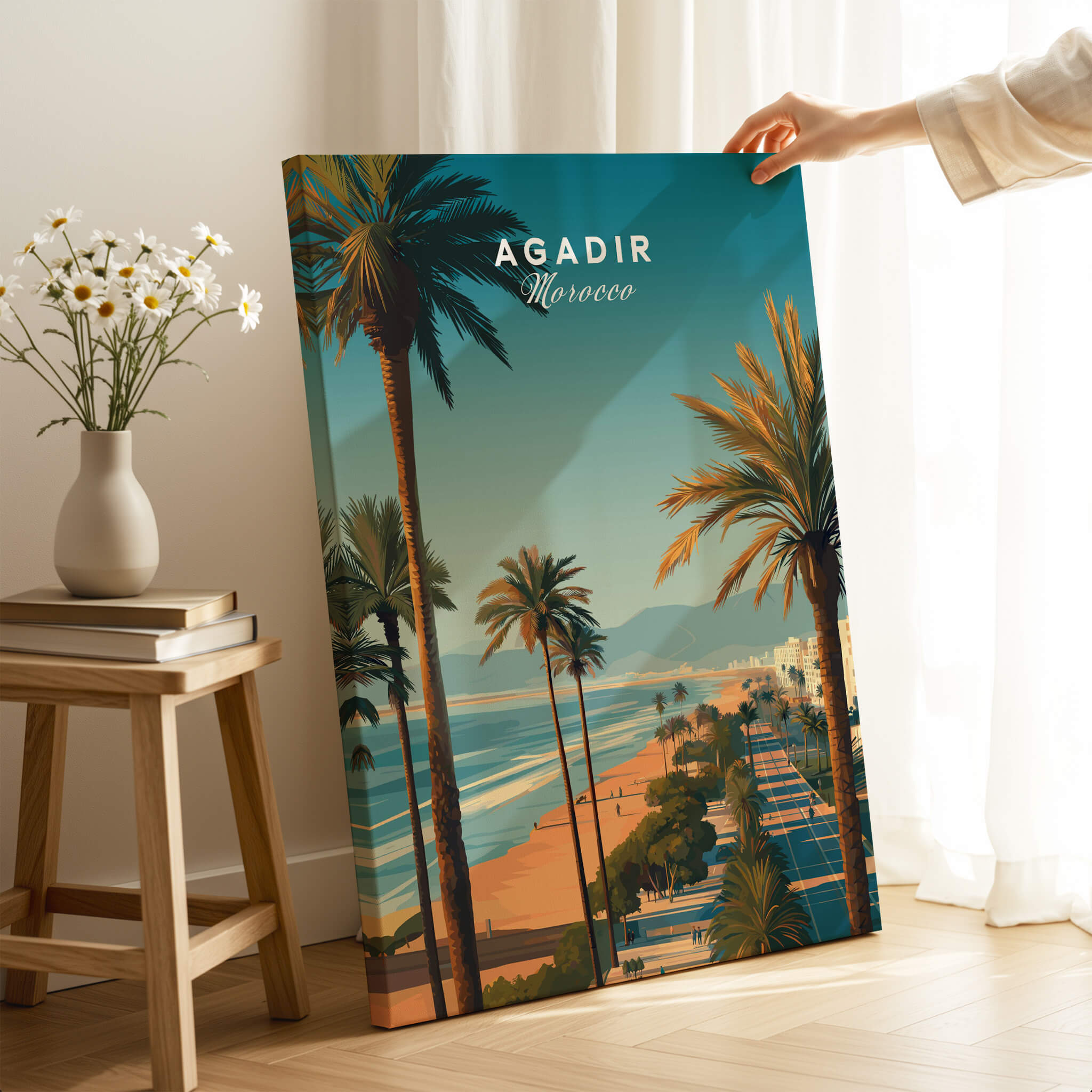Agadir Travel Poster Print Morocco - Palm Trees showcasing palm-lined beaches and vibrant Mediterranean landscapes.