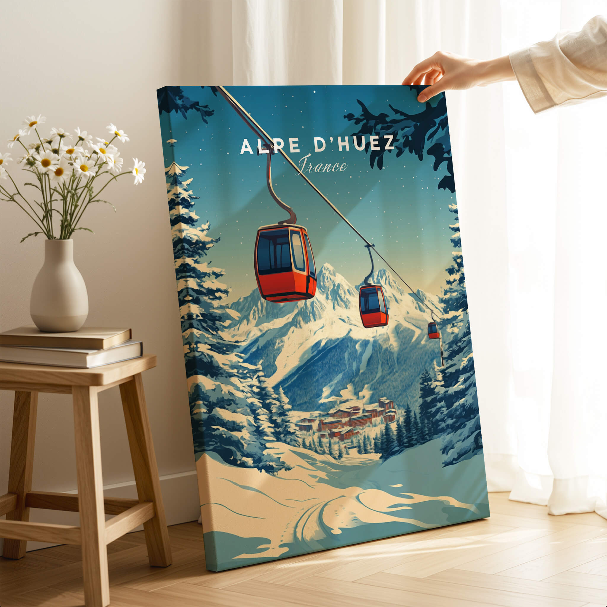 Alpe d'Huez Print France showcasing a ski lift in a snowy mountain landscape, perfect for adding elegance to any space.