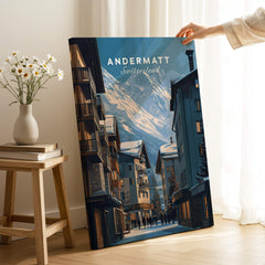 Andermatt Travel Poster – Swiss Alps Winter Village and Chalet Print showcasing a charming street in winter.