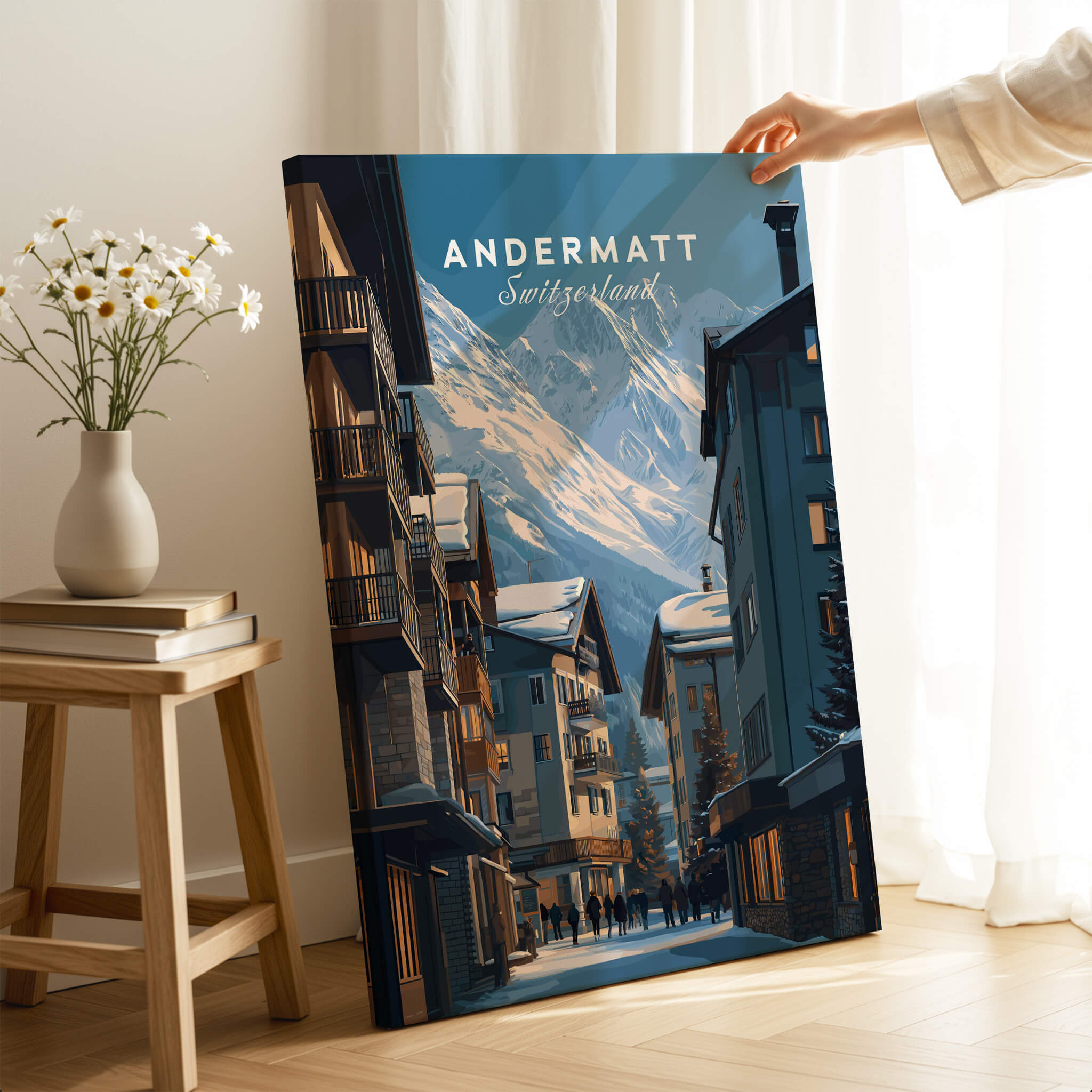 Andermatt Travel Poster – Swiss Alps Winter Village and Chalet Print showcasing a charming street in winter.
