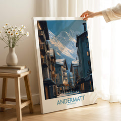 Andermatt Switzerland Wall Art Print showcasing a picturesque mountain village in the Swiss Alps with dramatic peaks.