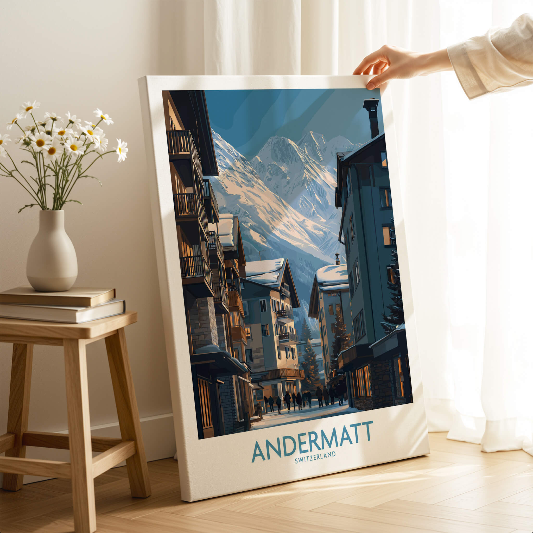 Andermatt Switzerland Wall Art Print showcasing a picturesque mountain village in the Swiss Alps with dramatic peaks.