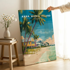 Hand holding Anna Maria Island Florida canvas print with beach and palm trees in living room