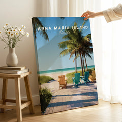 Anna Maria Island Florida beach canvas print with palm trees and colorful chairs, home decor